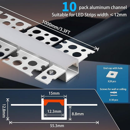10Pack Curved Plaster in LED Channel 3.3ft Flexible Recessed Drywall Aluminum Strip Light Track with White Diffuser for LED Tape Mounting Profile