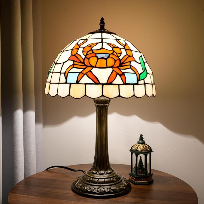 Tiffany Style Table Lamp with Orange Crab Stained Glass Lamp 12 Inch Retro Bronze Base Bedside Lamp Bedroom，Living Room, Bar,Cafe,Restaurant Hotel Art Nouveau Style Decorative Ambient Light