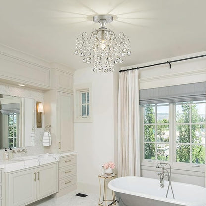 WUZUPS Crystal Chandelier Flushmount Ceiling Light Modern Lighting Fixture for Bedroom Hallway Bar Kitchen Bathroom, H 13.4" x W 12.6", E26 Base, Silver