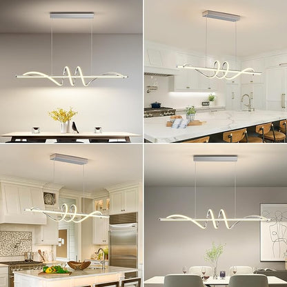 Modern Pendant Light Kitchen Island 47in Dimmable Hanging Lamp 3000k-6000K Adjustable Warm/Nautral/White with Remote Control, Kitchen Island Lighting Chrome Silver