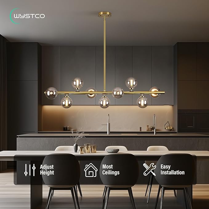 Mid Century Modern Globe Sputnik Chandelier, 9-Light Linear Chandeliers for Dining Room and Kitchen Island, Dining Light Fixture Over Table, Brass Gold and Smoke Grey Glass Bubble, 40 Inch
