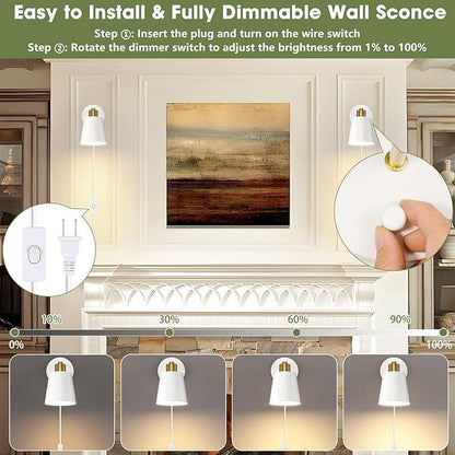 Lomoky Dimmable Wall Sconces Set of 2, Adjustable Angle Wall Lights with Plug in Cord and Dimmer On/Off Knob Switch, Hardwired Indoor White Wall Lamp for Bedside Bedroom Bathroom (2 Bulbs Included)
