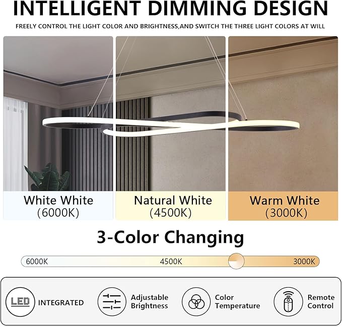 Led Pendant Light, Modern Chandelier,Dimmable Black Led Chandelier for Dining Room Light Fixture Over Table Modern Kitchen Island Lighting with Remote,Height Adjustable Ceiling Lamps