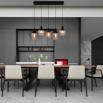 WILON Pendant Lights Kitchen Island, 5-Light Dining Room Light Fixture with Seeded Glass Shade, Farmhouse Chandeliers for Dining Room Matte Black Finish Hanging Linear Chandeliers for Kitchen Island