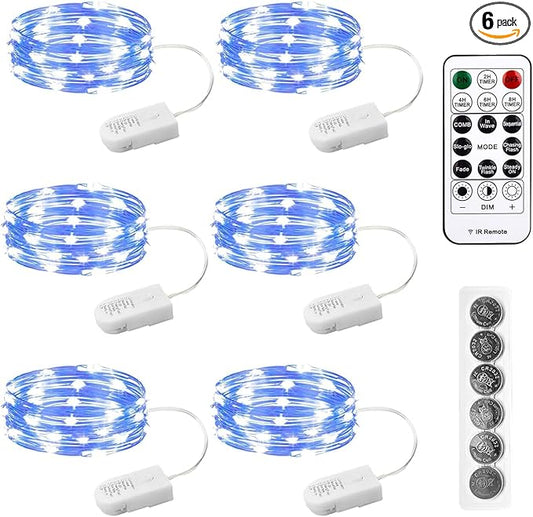 6PCS Fairy Lights Battery Powered with Remote, 7ft 20LEDs Blue Twinkle Mini Lights with Timer, Waterproof Small Silver Wire Firefly Starry for DIY Wedding Party Christmas