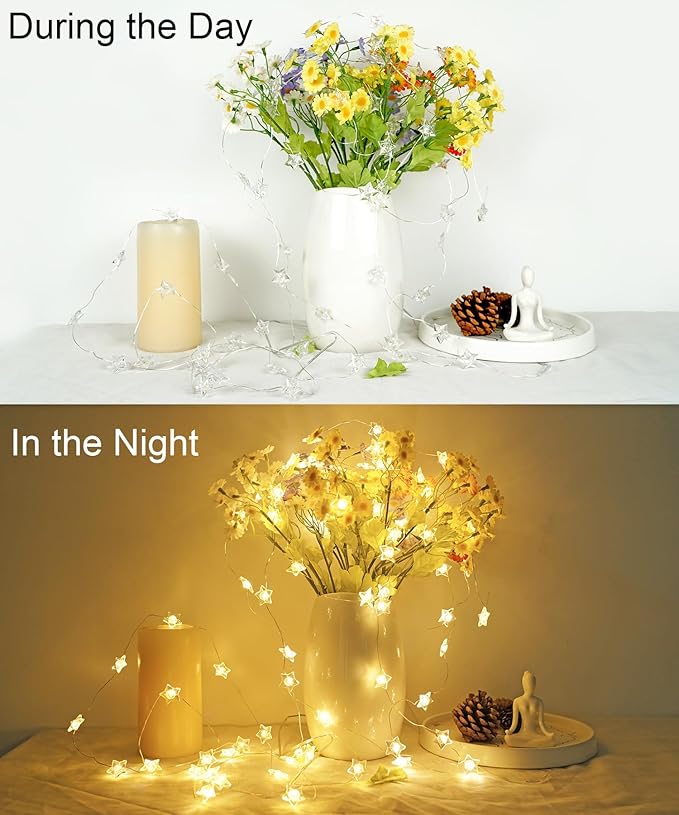 BOHON Star Fairy Lights Battery Operated, 13 FT 40 LED String Lights for Bedroom, Warm White Star Garland Twinkle Lights for Indoor Dorm Classroom Curtain Cute Room Wedding Decor, with Timer