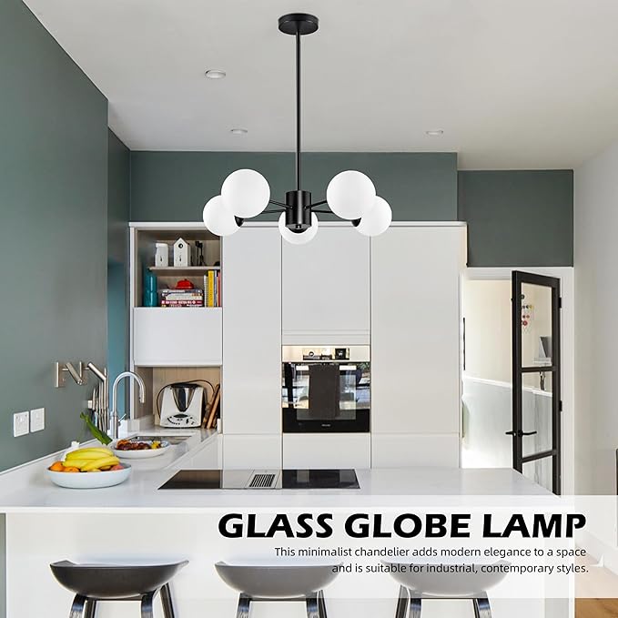 Bagood 5-Light Globe Sputnik Chandelier Mid Century Sputnik Chandeliers Modern Black Globe Pendant Light Matte Black Finished with White Frosted Glass Lampshade for Dining Room Bedroom Kitchen