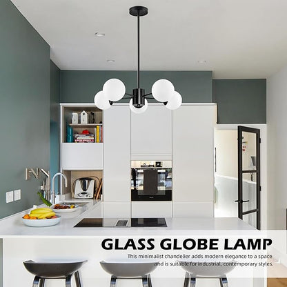 Bagood 5-Light Globe Sputnik Chandelier Mid Century Sputnik Chandeliers Modern Black Globe Pendant Light Matte Black Finished with White Frosted Glass Lampshade for Dining Room Bedroom Kitchen