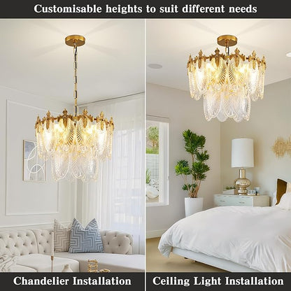 Antique Chandeliers 2-Layer Gold Crystal Glass Chandelier, 4-Light Round Pendant Light 17.7" Brushed Brass Adjustable Height, Applicable to Dining Room, Bedroom, Living Room, Foyer, Kitchen Island