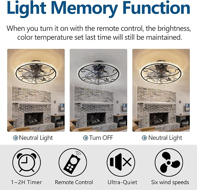 Retro Black Ceiling Fan with Lights Remote Control, 6 Speeds 3 Color Industrial Caged Ceiling Fan with Light for Kitchen Bedroom Living Room