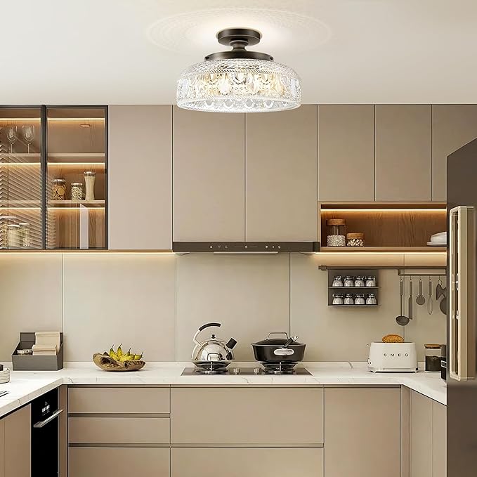 Lamomo Semi Flush Mount Ceiling Light,Upgraded Larger 12 Inch Bronze Hallway Light Fixture,3 Light Globe Glass Close to Ceiling Scone, Indoor Hanging Light for Bedroom Kitchen Porch Hallway