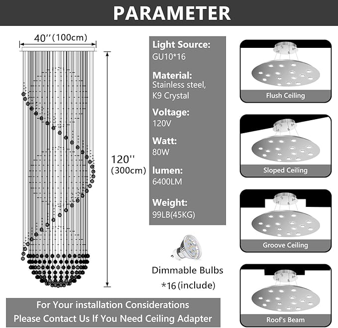 D40'' x H120'' Crystal Chandelier for Entryway High Ceiling Chandeliers Glam Chandelier Modern Large Raindrop Chandeliers LED Dimmable Light Fixtures for Staircaes Foyer Living Room Silver