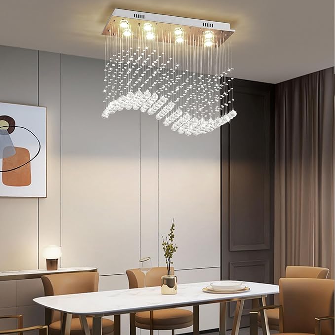 Depuley Modern K9 Crystal Chandelier, 8-Light Rectangle Flush Mount Ceiling Light, Wave Raindrop Crystal Pendant Lighting for Dining Room Kitchen Living Room Bedroom, L31.5'' x W11.8'' x H27.5'