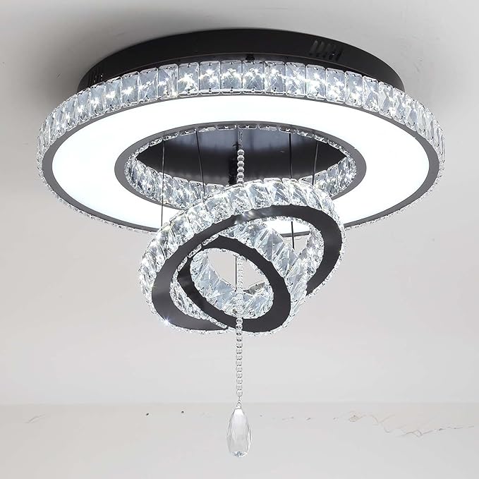 Flashing God Dia 20" Crystal Chandeliers Black Modern Living Room Chandelier LED Crystal Ceiling Light Flush Mount Chandelier for Bedroom Dining Room Entryway