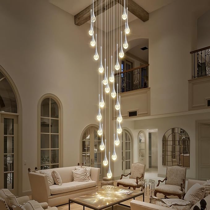 ykolupty Modern Crystal Chandelier 25-Lights Raindrop Chandeliers LED Dimmable High Ceiling Pendant Light Silver Large Chadnelier for Foyer Entrance Living Room