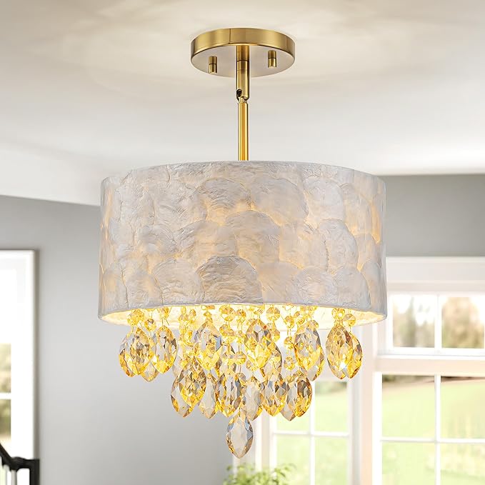 3-Light Drum Capiz Shell K9 Crystal Chandelier, Coastal Style Pendant Light Fixture for Dining Room, Living Room, D12 * H19~49 inch (Adjustable), Champagne Crystal & Gold Finish