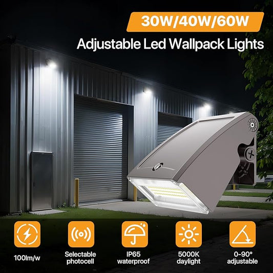 Adjustable LED Wall Pack Light with Dusk to Dawn Photocell 30W/40W/60W Selectable, 5000K Daylight, 100LM/W, 6000LM Max, IP65 Waterproof Outdoor Security Light for Garage, Building, Yard