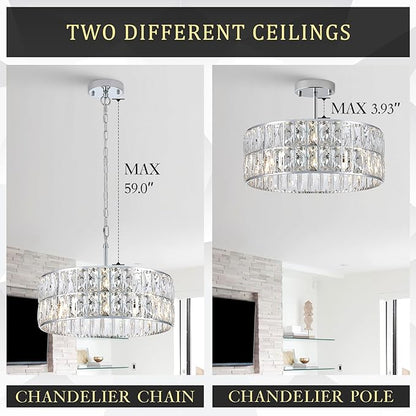CATINER Modern Crystal Chandelier 18”Chrome Semi Flush Mount Ceiling Light Fixtures 6-Lights Drum Crystal Pendant Lighting for Dining Room Foyer Bedroom Living Room