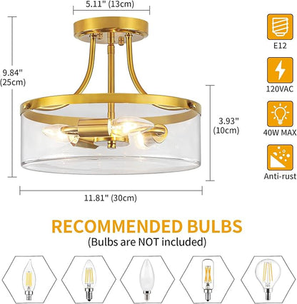11.81" Brushed Gold Semi Flush Mount Ceiling Light Modern Glass Entryway Light Fixture Hallway Light Fixtures 3-Light Drum Ceiling Lamp for Bedroom Kitchen Island Dining Room Laundry Room Lighting