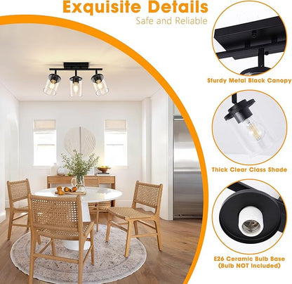 FadimiKoo 3-Lights Semi Flush Mount Ceiling Light, Adjustable Kitchen Light Fixtures Ceiling Mount with Clear Glass Shades, Rotatable Black Track Lighting Fixtures for Hallway, Foyer, Bedroom
