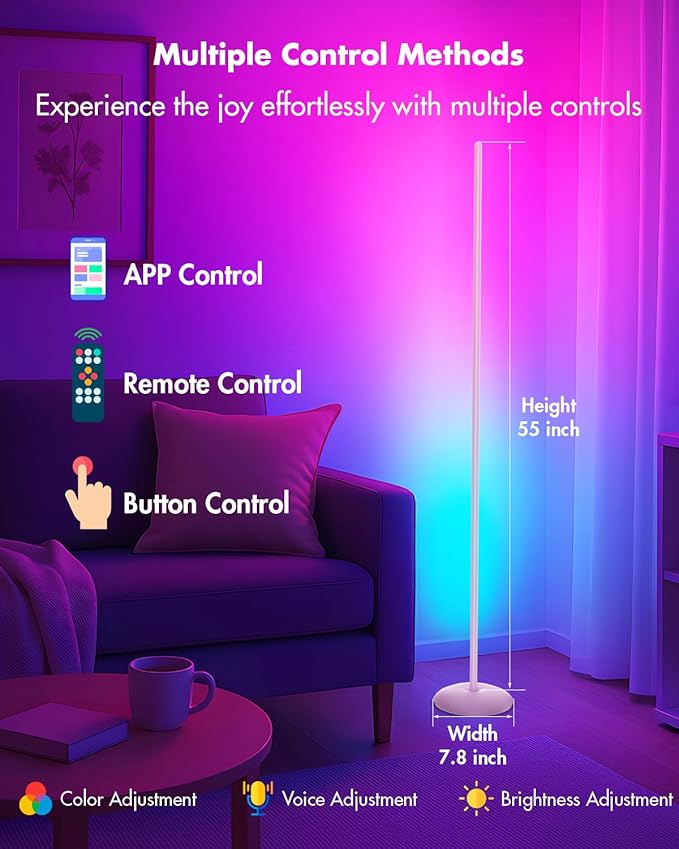 Corner Floor Lamp RGB, Smart LED Corner Lamp with APP & Remote Control, Floor Lamp Dimmable with 16 Million Colors, Music Sync, Standing Lamps for Living Room, Bedroom - Silver