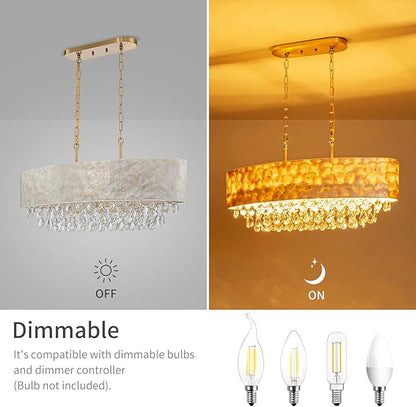 LumFurn 6-Light Oval Capiz Shell Crystal Linear Chandeliers, Coastal Design Light Fixture for Dining Room, Kitchen Island, L32xW12xH19~65 Inch(Adjustable), Shell Lampshade & Brass Finish