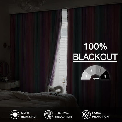 XiDi 100% Blackout Curtains for Girls Bedroom 63 Inches Long 2 Panels Colorful Rainbow Nursery Kids Curtains with Sheer Overlay Unicorn Wall Decor Princess Grommet Drapes Pink Purple Green 52W x 63L