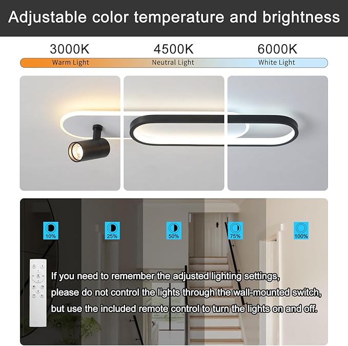 31.4Inch Modern Ceiling Light, LED Linear Ceiling Lamp with 1 Spotlight, 40W Remote Dimmable 3000K / 4500K / 6000K Black Long Flush Mount Light Fixture for Kitchen Dining Living Room Bedroom