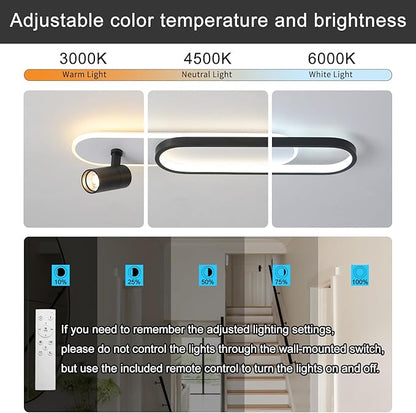 31.4Inch Modern Ceiling Light, LED Linear Ceiling Lamp with 1 Spotlight, 40W Remote Dimmable 3000K / 4500K / 6000K Black Long Flush Mount Light Fixture for Kitchen Dining Living Room Bedroom
