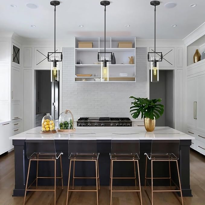 Black Pendant Lights Kitchen Island 2 pack,Modern Glass Knurled Pendant Light,12Inch Copper Kitchen Pendant Lighting Over Island,Farmhouse Island Lights for Kitchen Sink,Bathroom,Bedroom,Dinning Table