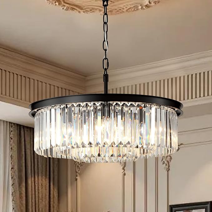 Chandeliers 9-Light, Modern Pendant Lighting, Metal Ceiling Light Fixture Adjustable Height for Kitchen Dining Room Living Room Hallway, Dia 24" Black