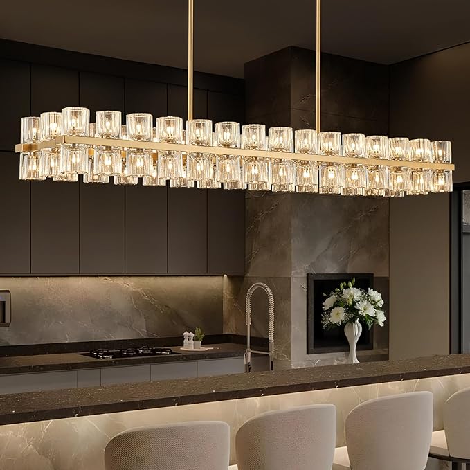 Crystal Gold Rectangular Chandelier for Dining Room, 54 in Light Fixture Dining Room Chandeliers Over Table, Modern Crystal Chandeliers Pendant Light for Kitchen Island, Living Room