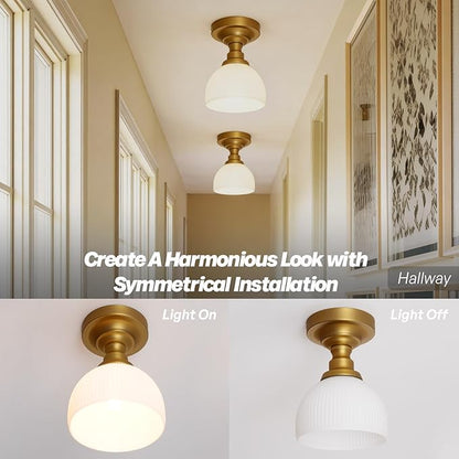 Modern Schoolhouse Semi Flush Mount Ceiling Light,Gold Brass Hand-Blown Glass Close to Ceiling Light Fixtures for Hallway Laundry Entryway Kitchen Bathroom Bedroom E26 Base