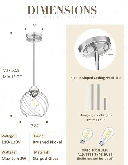 8 Inch Modern Farmhouse Pendant for Kitchen Island, Adjustable Height Hanging Fixture with Ribbed Glass, Brushed Nickel, Dining Room Entryway - PL101SBN-L