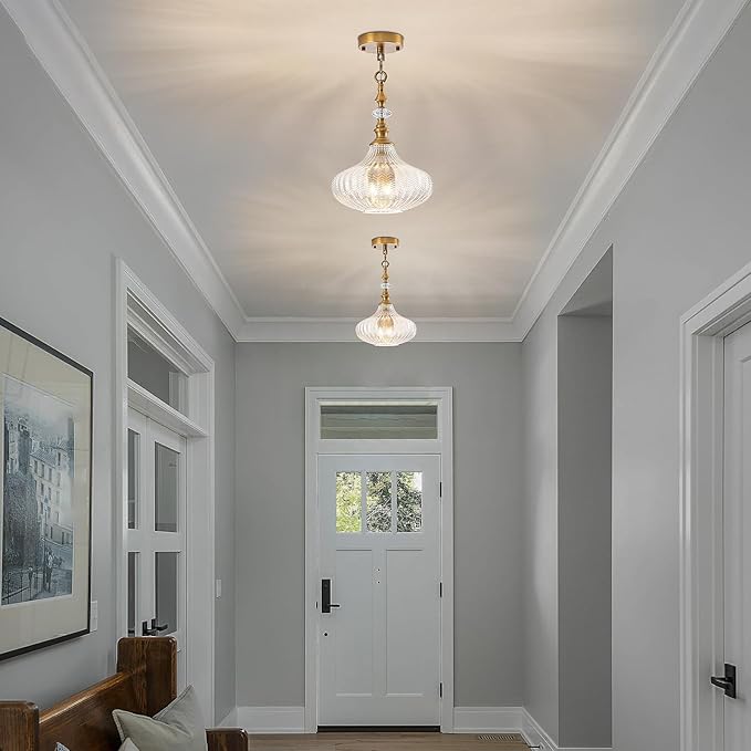 3-Light Chandelier,Vintage Gold Farmhouse Pendant Light Fixture for Kitchen,Adjustable Hanging Lighting with Clear Glass Shade for Hallway Bedroom Entryway Dining Room Island