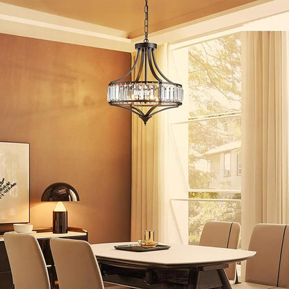 Black Crystal Chandeliers for Dining Room, Round Rustic Farmhouse Chandelier with Metal Shade 4-Light Modern Pendant Lighting for Hallway, Bedroom, Foyer