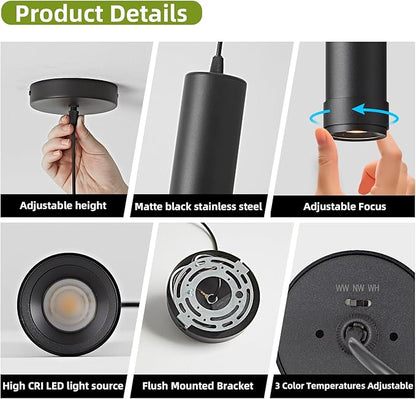 OKELI Black LED Mini Pendant Light, Dimmable Hanging Pendant with Adjustable Beam Angle, 3CCT 2700K–6000K Modern Pendant Light for Kitchen Island, Bar Counter or Bedroom, 7W 14.96", 3 Pack