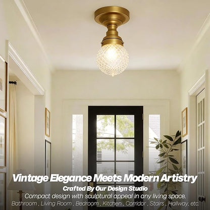Schoolhouse Semi Flush Mount Ceiling Light, Brass Gold Close to Ceiling Light Fixtures with Hand-Blown Glass Shade Modern Hallway Ceiling Lamp for Laundry Entryway Kitchen Bathroom E26