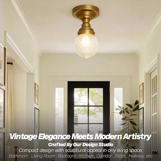 Schoolhouse Semi Flush Mount Ceiling Light, Brass Gold Close to Ceiling Light Fixtures with Hand-Blown Glass Shade Modern Hallway Ceiling Lamp for Laundry Entryway Kitchen Bathroom E26
