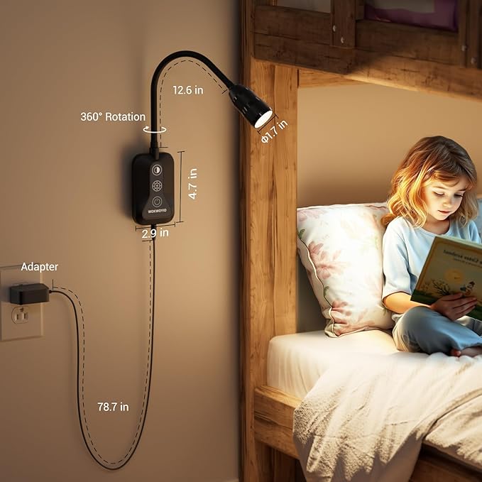 Wall Mounted Reading Light for Bed, Headboard Light with 360° Flexible Arm, Hand Wave Sensor, Focused 60° Beam, 5 Color Temperatures, Stepless Dimming, Memory Function, USB-C Output, Black 1 Pack