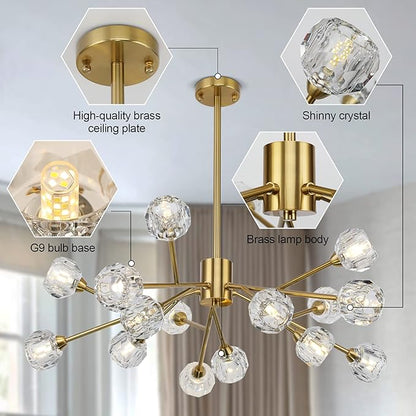 Weesalife Sputnik Chandeliers for Dining Room Light Fixtures,Modern Crystal Chandeliers for Living Room,15 Lights Gold Mid Century Brass Lighting Fixtures for Kitchen Island Bedroom Entryway