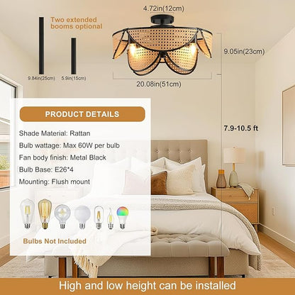 Ganeed 20" Boho Caged Ceiling Fan with Light and Remote, Layered Rattan Enclosed Flush Mount Boho Ceiling Fans Lights, Low Profile 6 Speed Reversible Fandelier for Bedroom Kitchen Living Room Nursery
