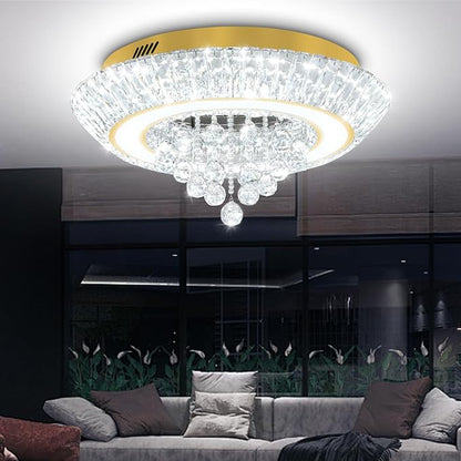Modern Crystal Chandelier for Living Room, Modern Led Dimmable Gold Ceiling Light with Remote Control, 24in Flush Mount Crystal Chandeliers for Dining Room