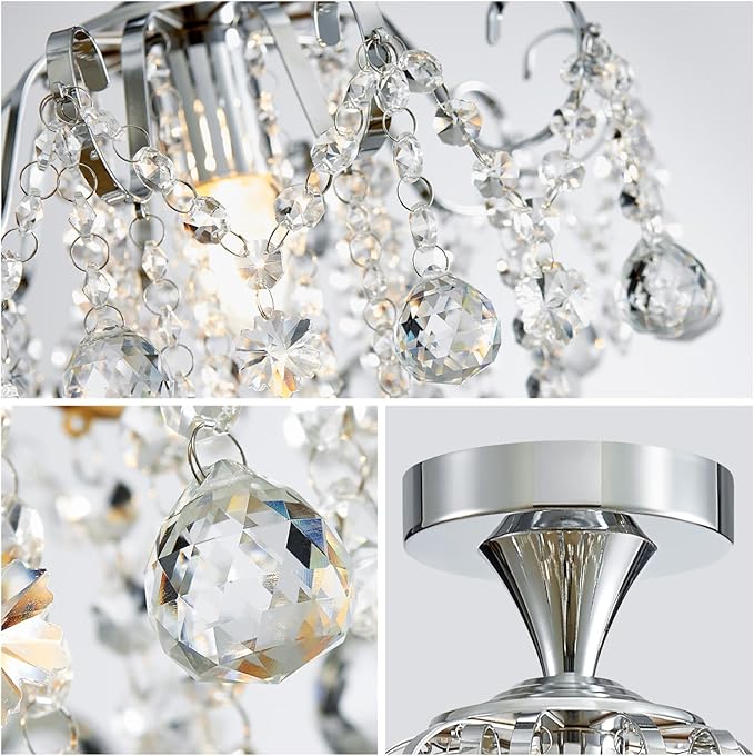 WUZUPS Crystal Chandelier Flushmount Ceiling Light Modern Lighting Fixture for Bedroom Hallway Bar Kitchen Bathroom, H 13.4" x W 12.6", E26 Base, Chrome