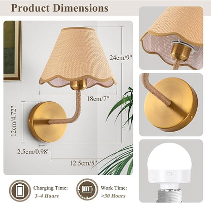 ADISUN Battery Operated Wall Sconce Set of 2, Gold Wall Lamps for Living Room, Rattan Shade, Dimmable, Wireless Wall Lights for Bedroom Living Room Hallway Kitchen(2 Bulbs Included)