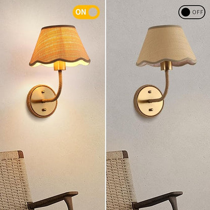Boho Hand Woven Rattan Wall Sconces Set of Two Gold Rustic Wall Lamp Hardwire Brass Farmhouse Wall Mount Lights for Bedroom Living Room Hallway Vanity
