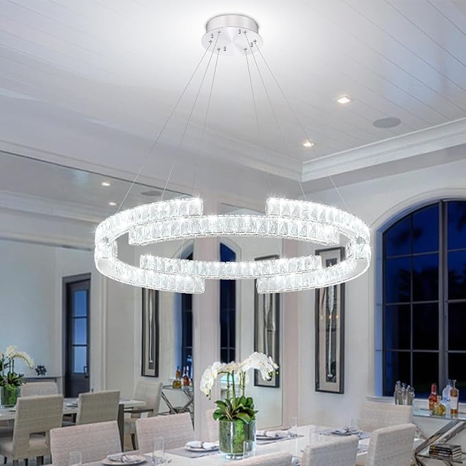 D24'' Modern Silver Crystal Ring Chandelier for Living Room Dinning Room Crystal Pendant Light Dimmable 3000k-6000k