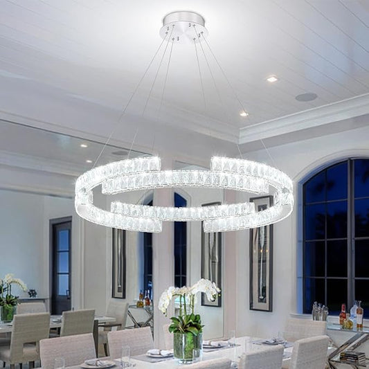 D24'' Modern Silver Crystal Ring Chandelier for Living Room Dinning Room Crystal Pendant Light Dimmable 3000k-6000k