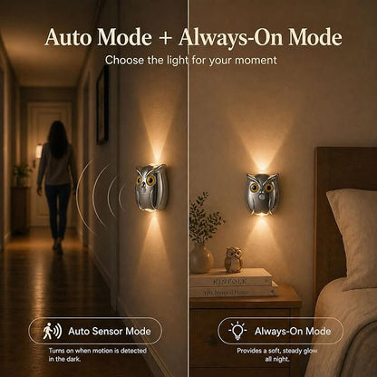 2-Pack Silver Owl Wall Lamp, Cute LED Night Light for Bedroom Decor, Warm Ambient Lighting for Kids Room, Nursery & Hallway, Creative Animal Wall Light, Gift for Home Decoration