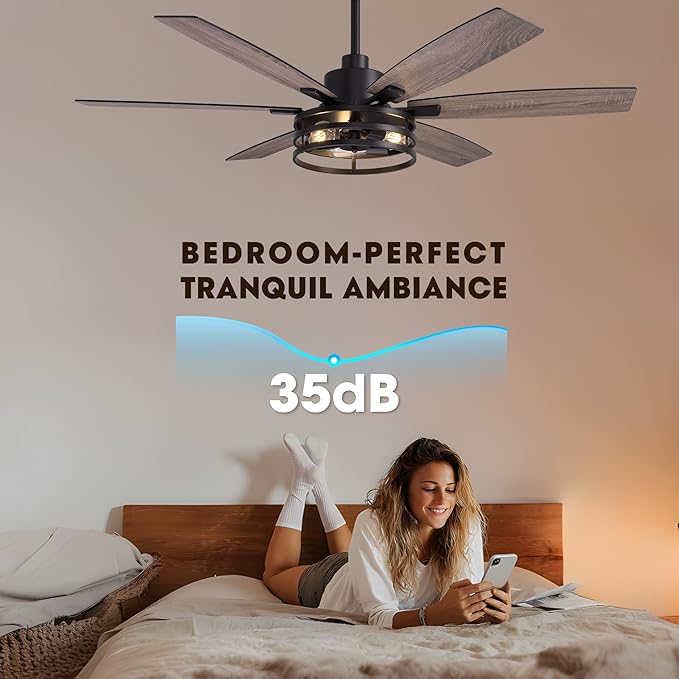 Farmhouse 60 Inch Ceiling Fan with Remote and App Control, Quiet 6-Speed Reversible DC Motor, Black Cage Design for Bedroom, Living Room, Covered Patio